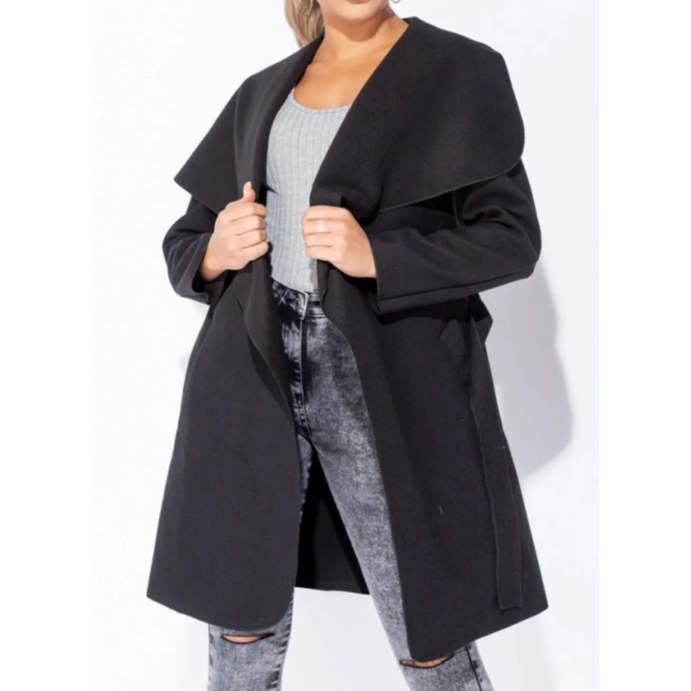 BOOHOO Super Soft Felt WATERFALL BELTED COAT Trench Jacket Wool Look PLUS 1X/16